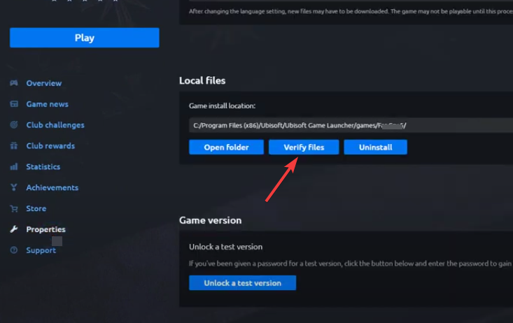 screenshot from Ubisoft Connect menu with a red arrow pointing to the verify files option