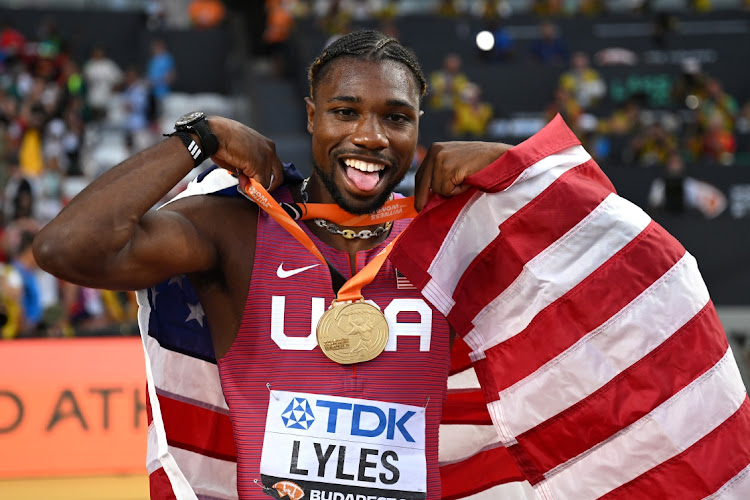 Gold medalist Noah Lyles of Team United States reacts after winning the men's 100m final during day two of the World Athletics Championships Budapest 2023 at National Athletics Centre on August 20, 2023.