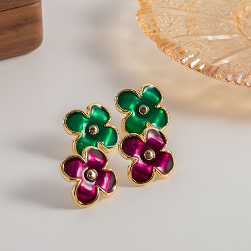 Title 2, Mild Luxury Retro Green Flower Earrings 925 Sil...