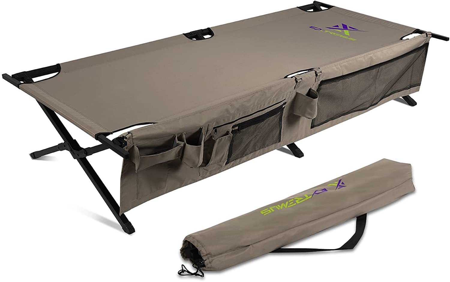 Store personal effects in easy to reach pockets attached to the frame of the camping cot.