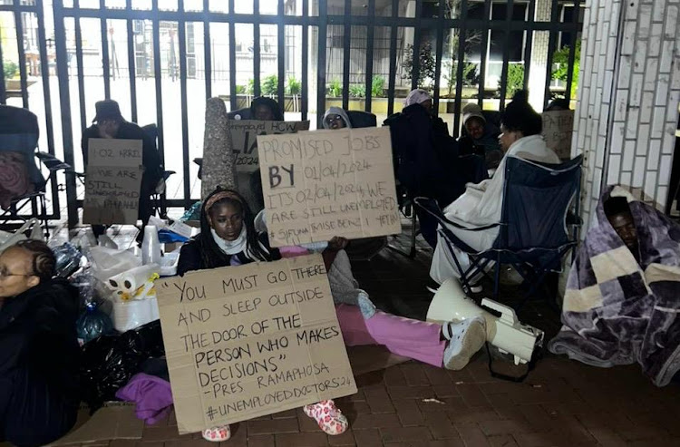 Unemployed doctors camped outside the KwaZulu-Natal health department office in Pietermaritzburg on Tuesday.