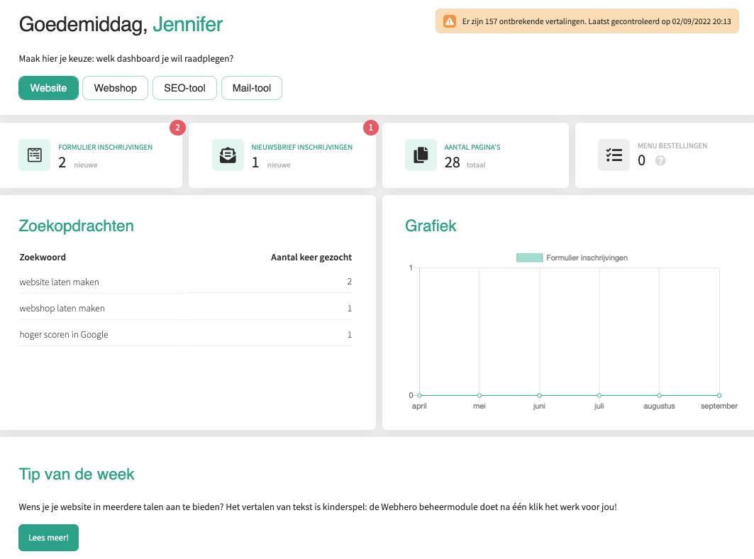 Dashboard Webhero beheermodule