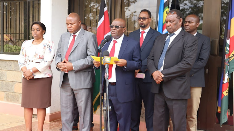 Machakos Health executive Daniel Yumbya addressing the press at deputy governor Francis Mwangani's office in Machakos on Wednesday, March 15, 2023.