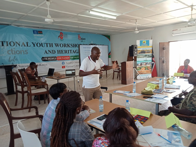 KNATCOM acting director for culture programme Julius Mwahinga speaks during the workshop in Lamu Island on Tuesday, June 14, 2022.