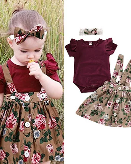 3PCS Newborn Baby Girl Clothes Set Short Sleeve Romper+Su... - 1