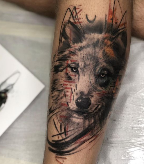 Abstract Alpha Wolf Tattoo Art On Leg
