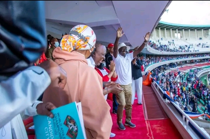 Raila Odinga at the Kip Keino Classic meet at Moi Stadium Kasarani on May 8.