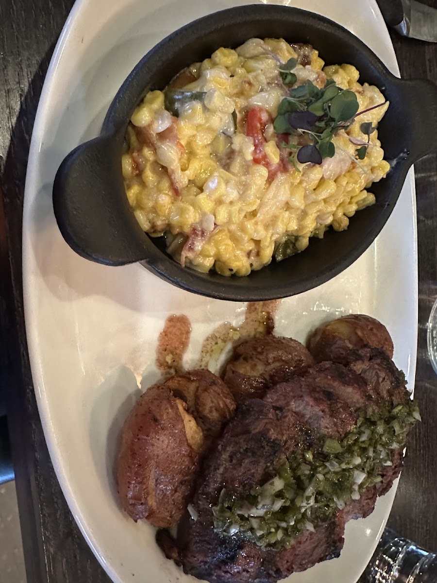 flat Iron strak w/chimichuri roasted potatoes and creamed corn