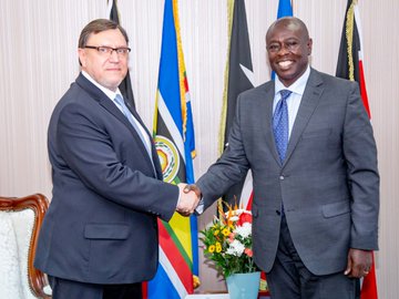 Deputy President Rigathi Gachagua with Ukrainian Ambassador to Kenya Andriy Pravednyk in his office on November 22.