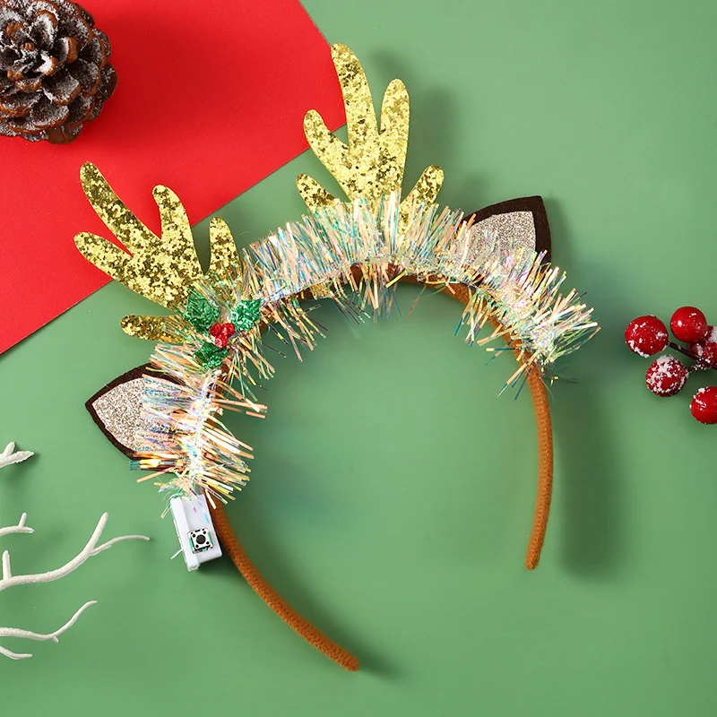 Serre-tête de Noël lumineux avec arbre, flocon de neige ou bois de renne. Bandeau clignotant pour coiffure festive Joyeux Noël.