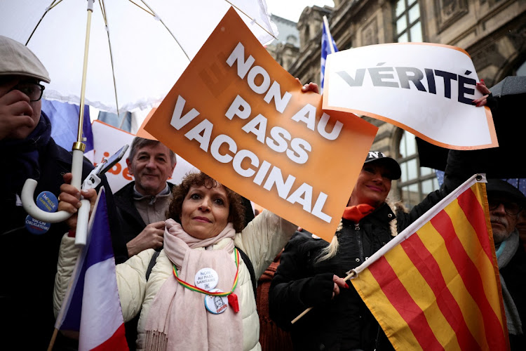 People attend a demonstration to protest against a vaccine pass bill Paris, France, January 8 2022. Thousands of anti-vaccine protesters demonstrated again on Saturday. Picture: SARAH MEYSSONNIER/REUTERS