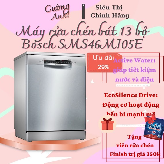 Máy Rửa Bát Độc Lập Bosch Sms46Mi05E Series 4 , Dung Tích Rửa 14 Bộ Chén Bát - Xuất Sứ Đức - Bảo Hành 36 Tháng) - Hàng Chính Hãng