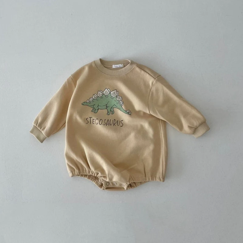 Barboteuse bébé printemps et automne, motif dinosaure dessin animé, vêtement siamois enfant, doux et confortable, parfait pour jouer.