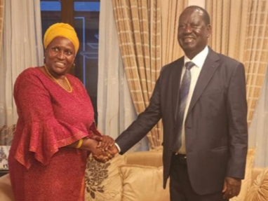 Former Prime Minister Raila Odinga with former Tanzania First Lady Mama Janet Magufuli at his home on May 8, 2024.