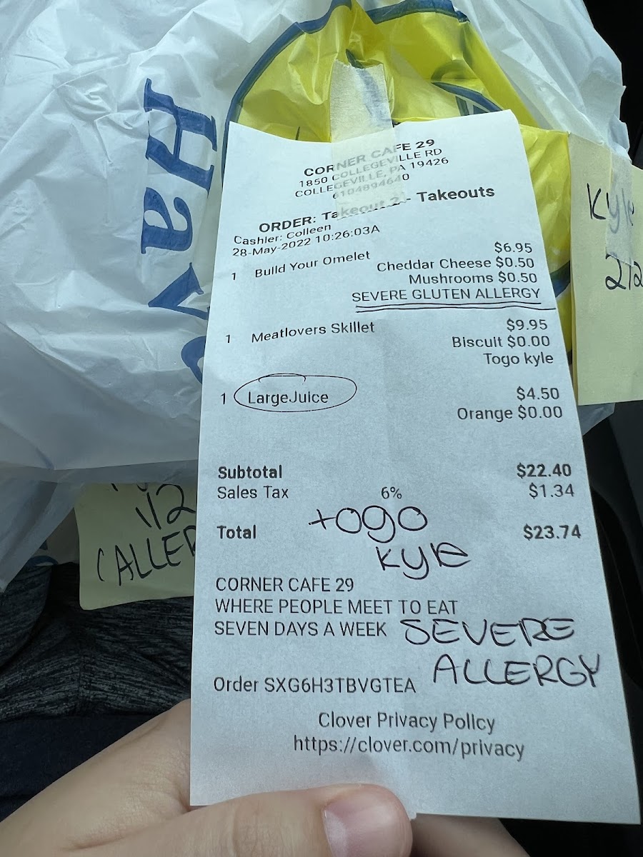 Gluten allergy noted on receipt twice—once in the receipt text near the top (which was then underlined) and once hand-written at the bottom