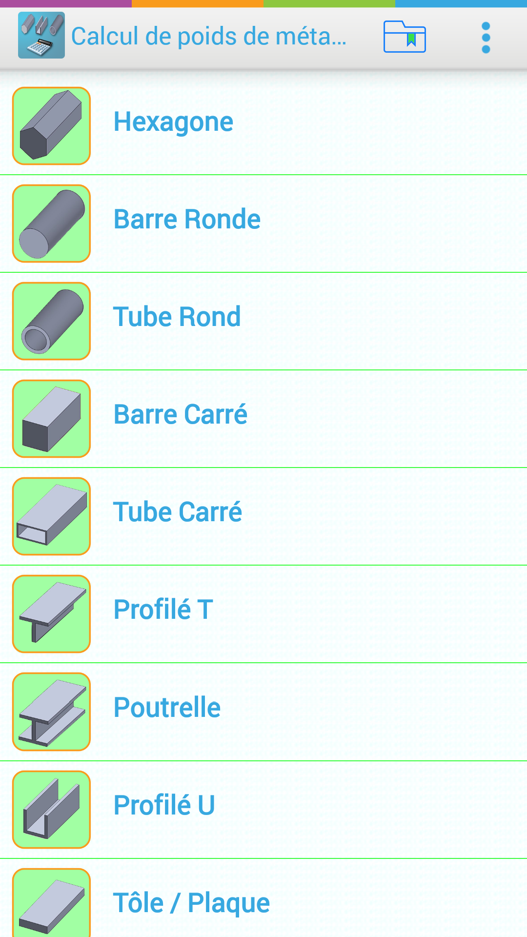 Android application Metal Weight Calculator screenshort