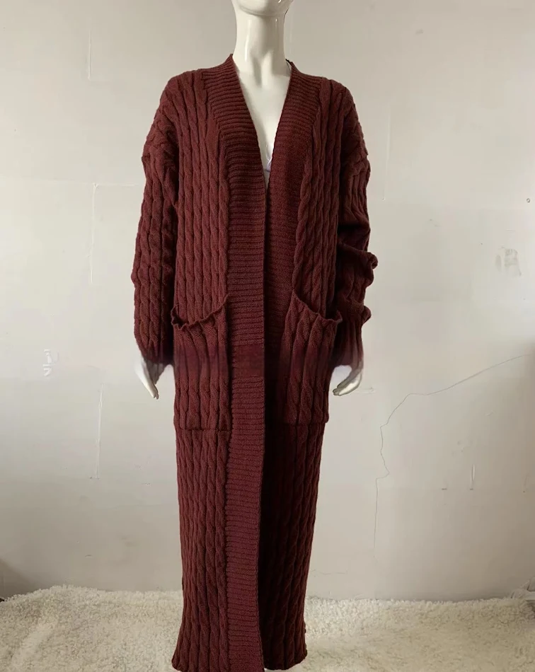 Cardigan long en tricot avec poches, manteau épais, style européen et américain, idéal pour un confort et une élégance inégalés.