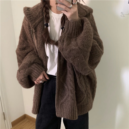 Title 5, All-match Hooded Twist Knit Cardigan Sweater Co...