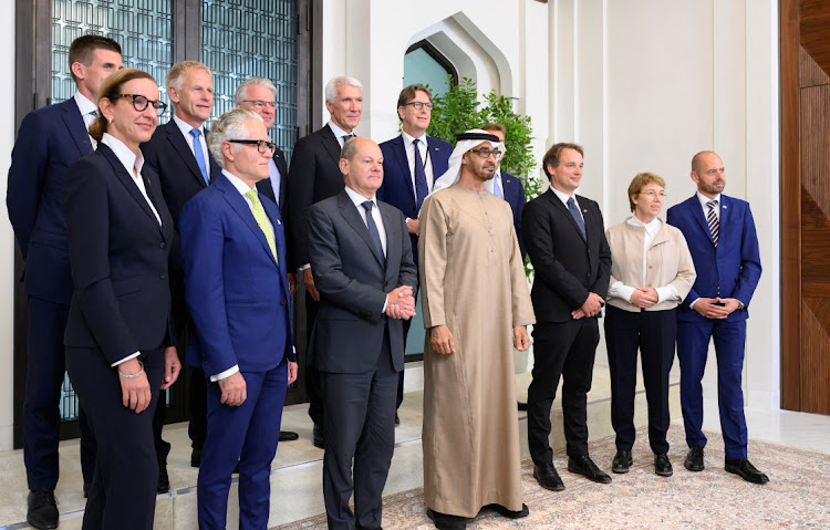 United Arab Emirates president Sheikh Mohammed bin Zayed al-Nahyan and German Chancellor Olaf Scholz stand for a photo in Abu Dhabi, United Arab Emirates, September 25 2022. Picture: UAE PRESIDENTIAL COURT/REUTERS