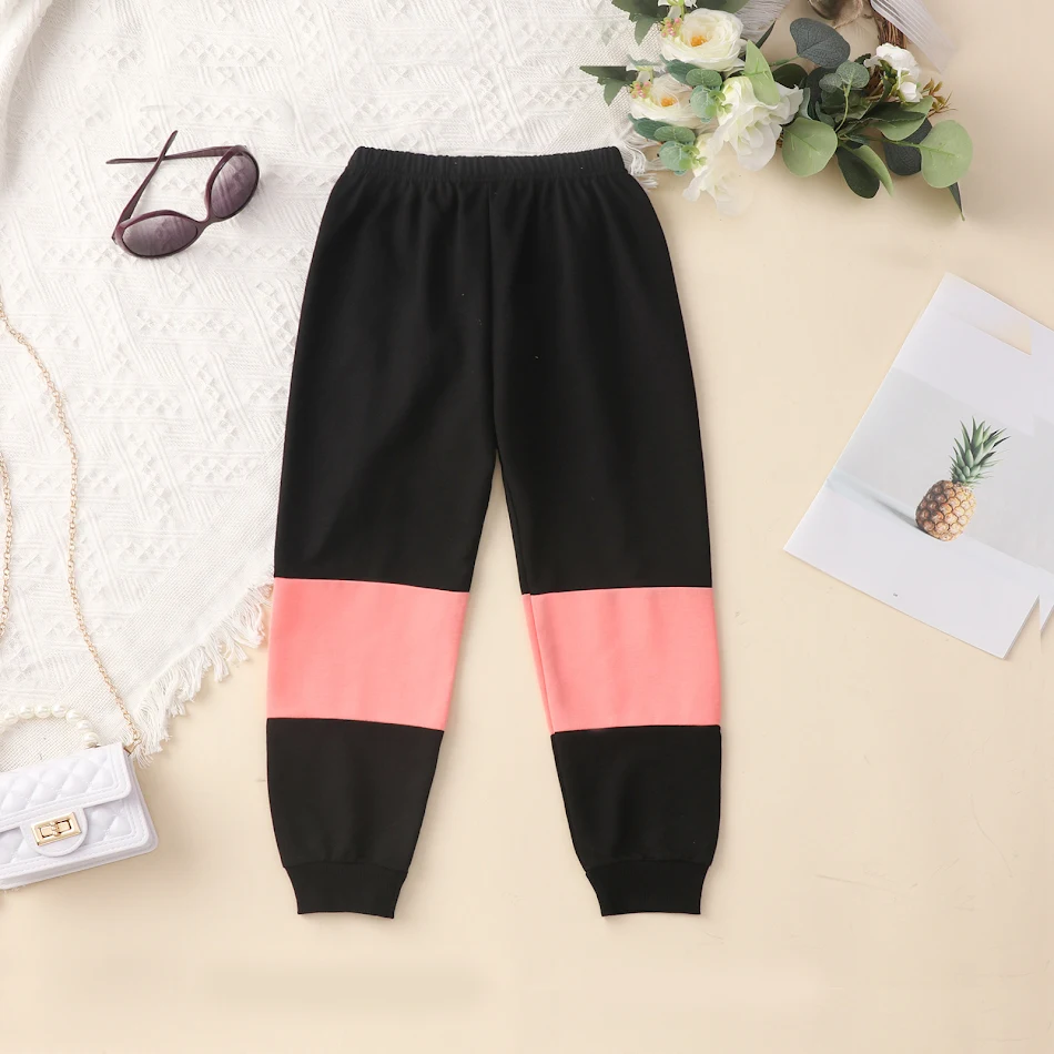 Roupa Infantil Primavera Outono Meninas Europeias e Americanas Novas, Conjunto Esportivo Casual com Cores Vibrantes e Calças Confortáveis.