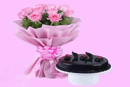 Cute Memories Pink Roses Bouquet & Chocolate Cake