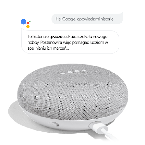 Google Home z dymkami z tekstem. Ktoś mówi: „OK Google, opowiedz mi coś”. Asystent Google odpowiada: „Oczywiście, oto historia o lisie i kruku ze Storynory w Książkach Google Play…”