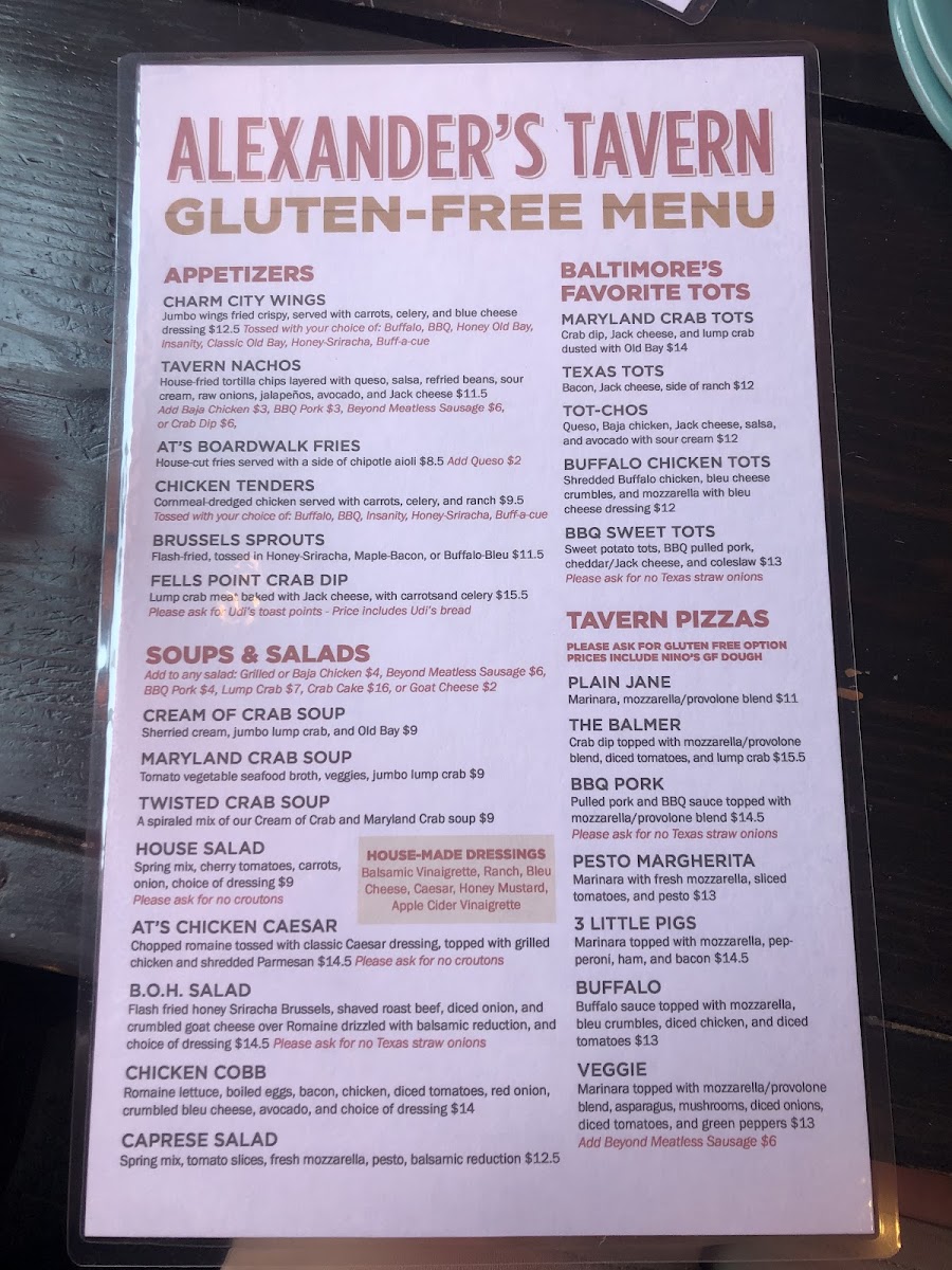 Alexander's Tavern gluten-free menu