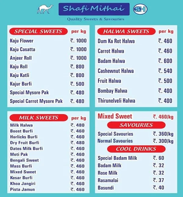 Shafi Mithai menu 