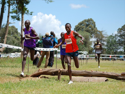 Geoffrey Kamworor and Bedan Karoki clearing the barrier during the Discovery Cross Country in Eldoret on January 30..