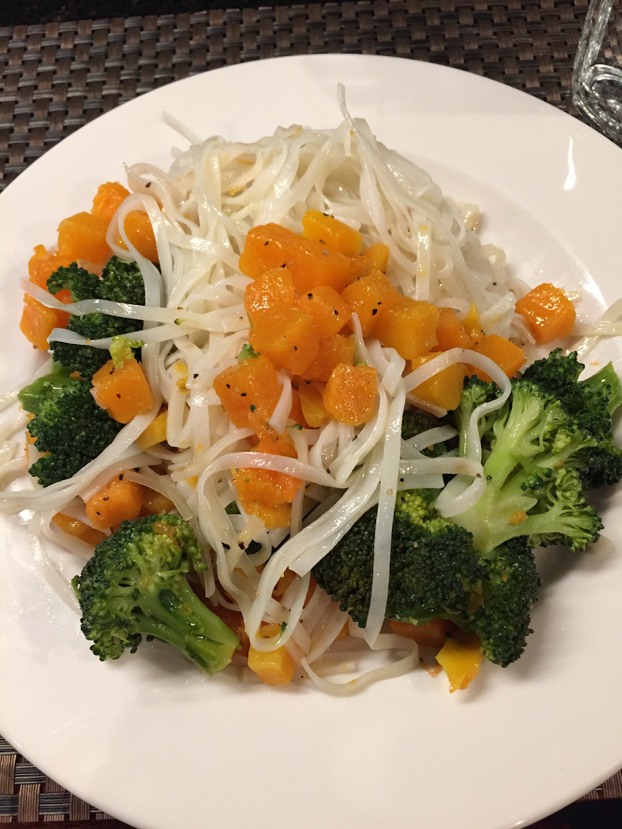 Rice noodles, butternut squash, broccoli. Dinner