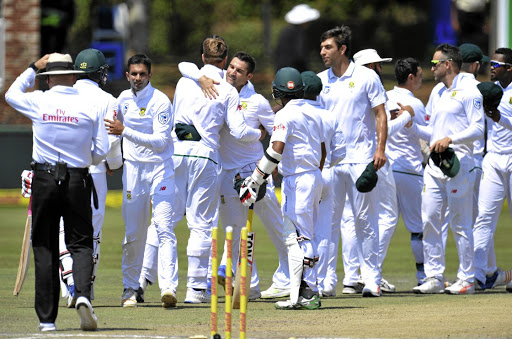 WELL PLAYED: Players from both teams shake hands after the game during the Test match between South Africa and Bangladesh at Senwes Park, in Potchefstroom, on Monday.