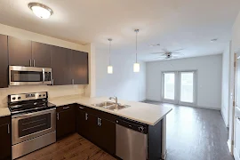 Kitchen with dark wood floors and cabinets and stainless steel appliances.