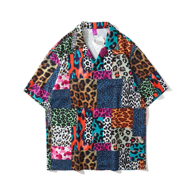 European and American Retro Stitching Camouflage Leopard Print Short-sleeved Shirt