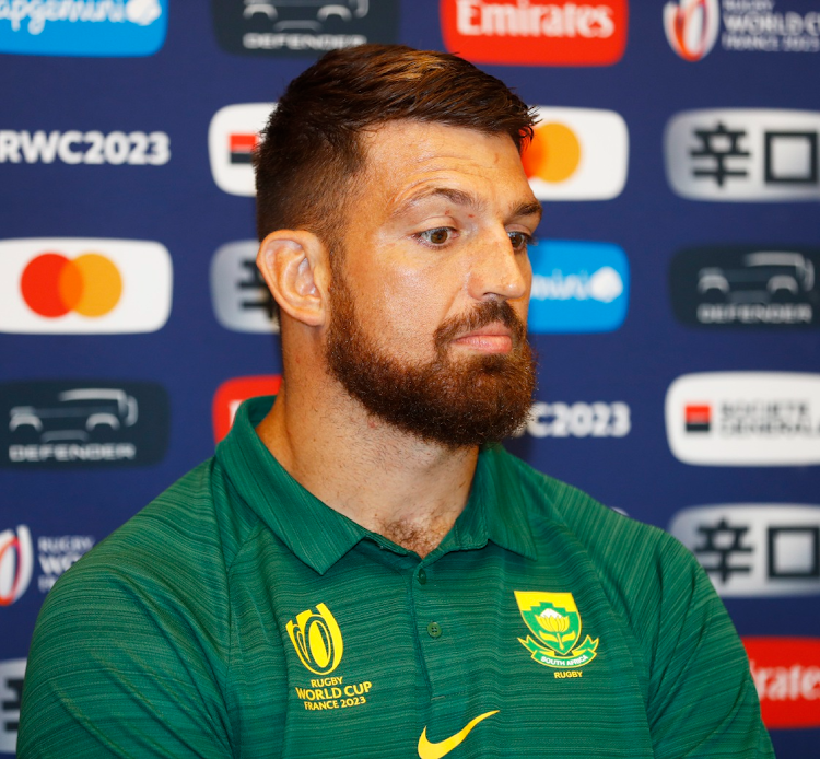 Springboks lock Jean Kleyn during the South Africa men's national rugby team media conference at Hilton Garden Inn Bordeaux Centre on September 15, 2023 in Bordeaux, France.