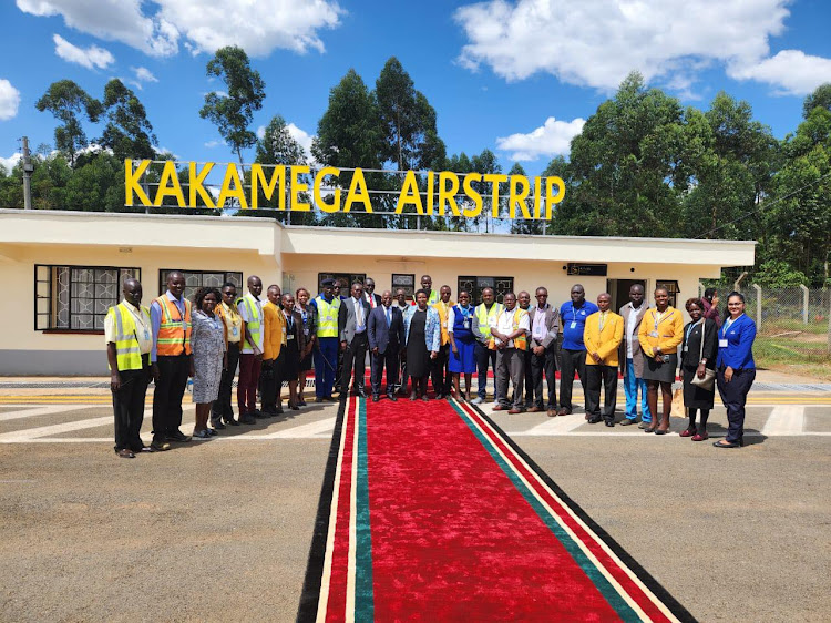 Officials during the commissioning of the Kakamega airstrip last week Thursday.