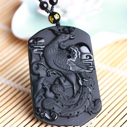 Title 3, Natural Frosted Obsidian Zhuque Pendant Phoenix...