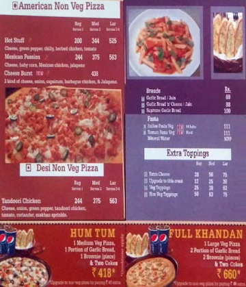 US Pizza menu 