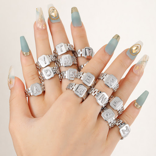 Title 8, Copper Inlaid Zircon Letters Ring Vintage Distr...
