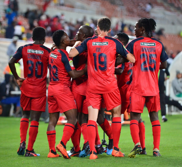 Inky Masuku of Jomo Cosmos celebrates his goal with teammates during the 1-0 Nedbank Cup first round win to knock Baroka FC out of the competiton at the Peter Mokaba Stadium in Polokwane on Tuesday January 29 2019.