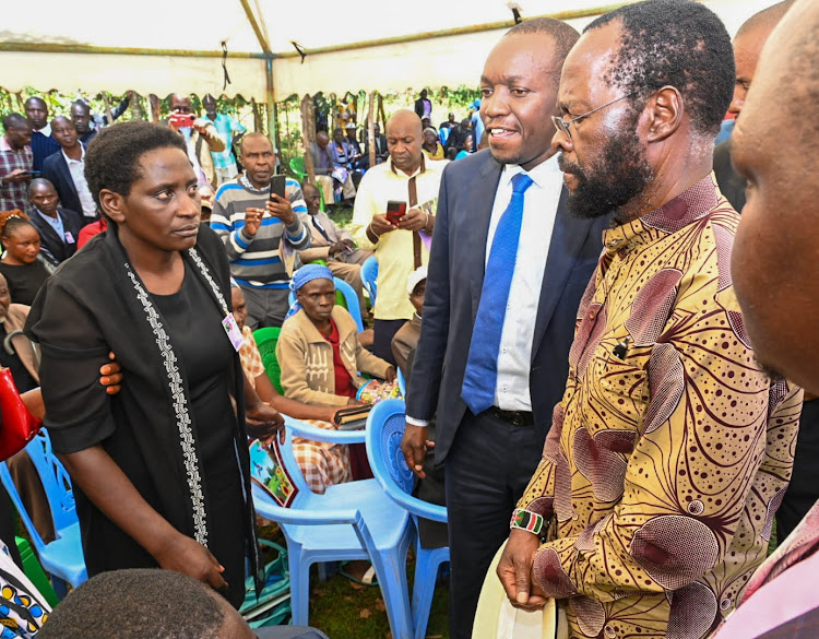 Kisumu Governor Anyang' Nyong'o and his counterpart from Kisii Simba Arati at a burial Nyamira County on April 4,2023