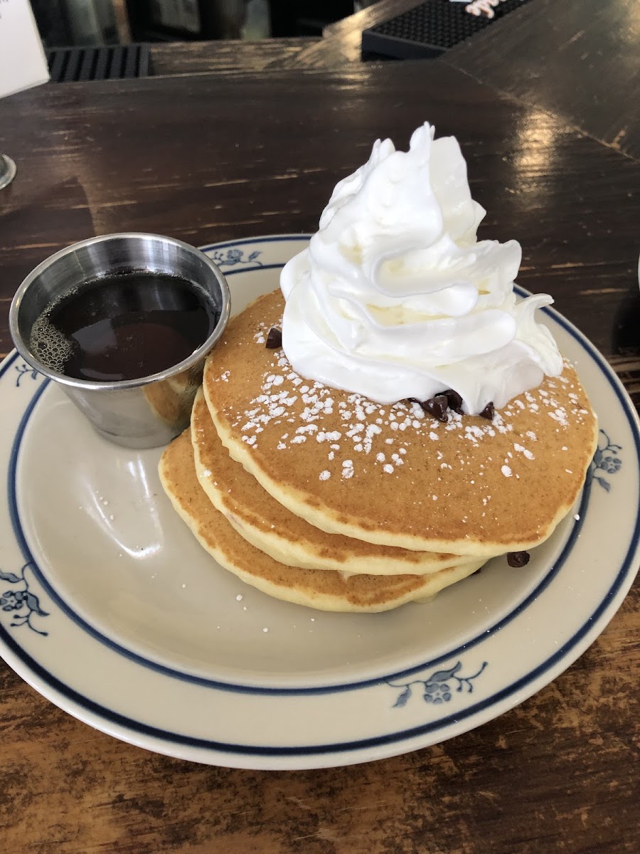 Gluten free short stack with chocolate chips and real Wisconsin maple syrup