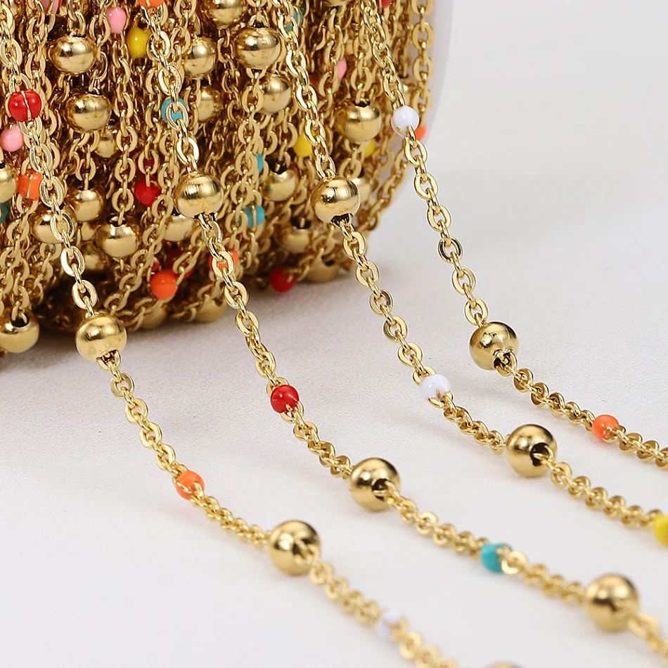 Perles rondes en acier inoxydable colorées, chaîne goutte femme, pompon, fermoir, accessoires DIY pour pulls, création de bijoux