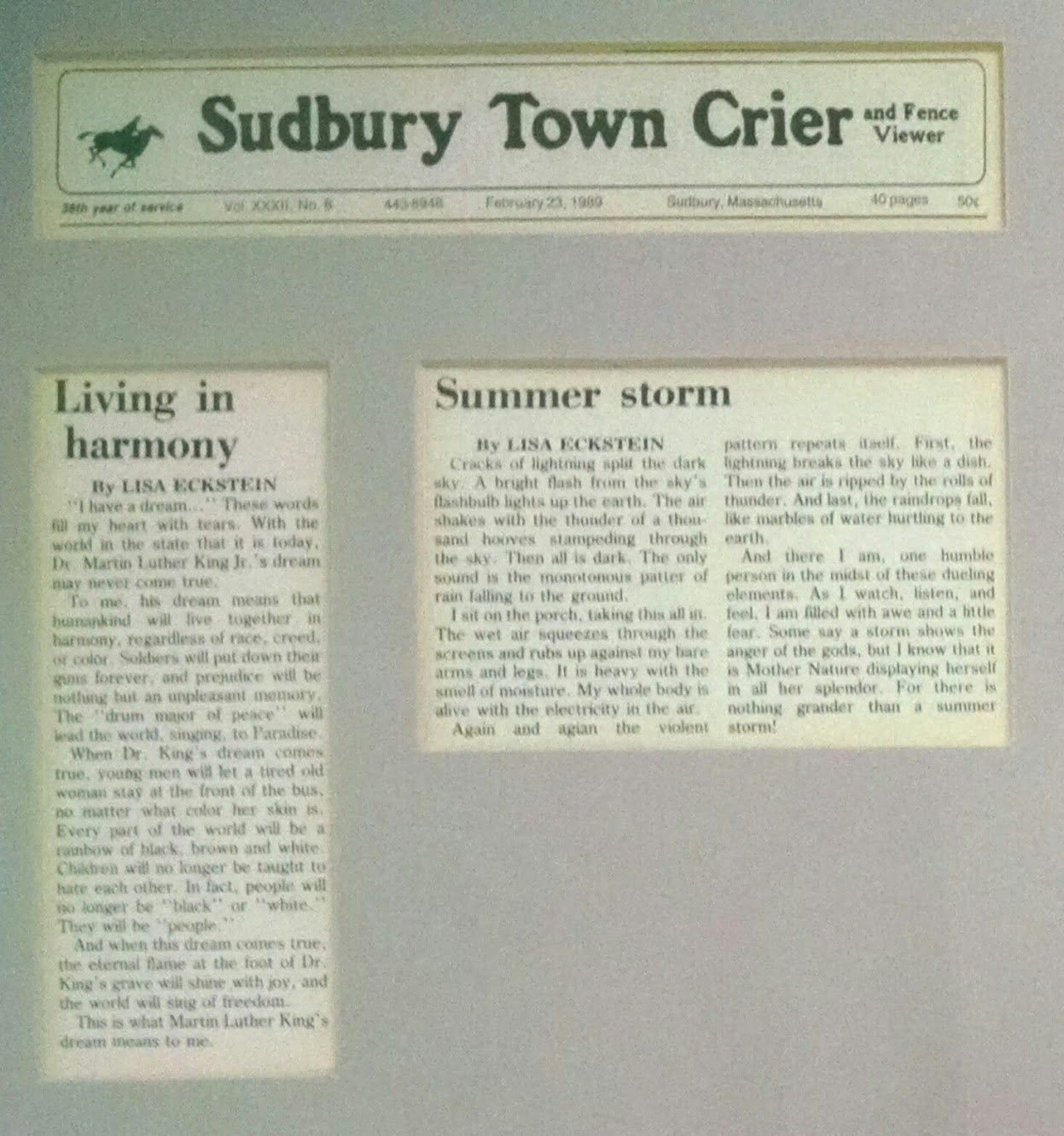 two essays published in the Sudbury Town Crier