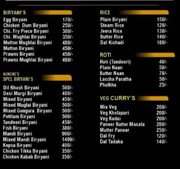 Indian Darbar menu 