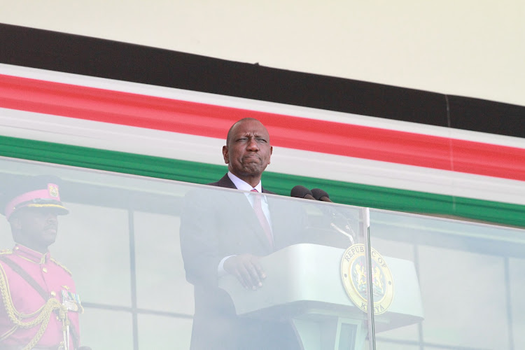 President William Ruto speaking at the 60th Jamhuri Day celebrations at Uhuru Gardens on December 12 , 2023.