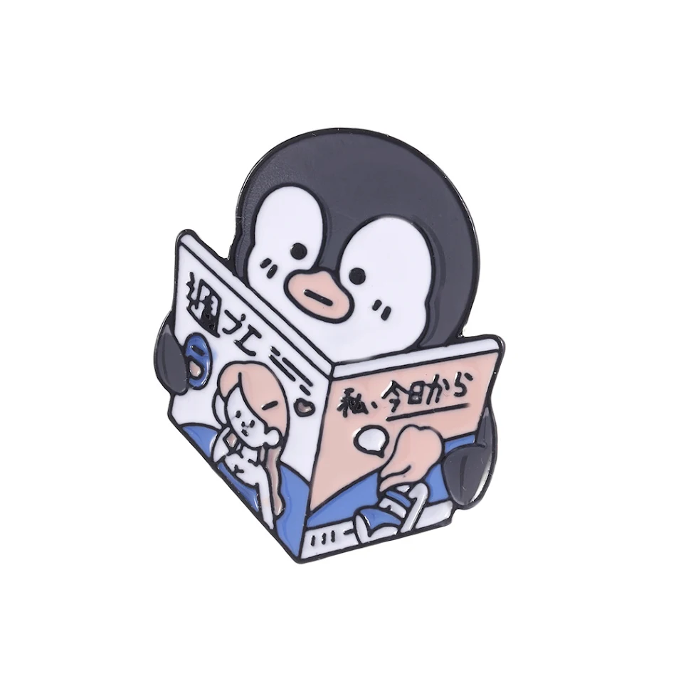 Broche de urso com laço, pinguim lendo livro, distintivo de esmalte de desenho animado japonês, alfinete estudantil, fofo e estiloso.
