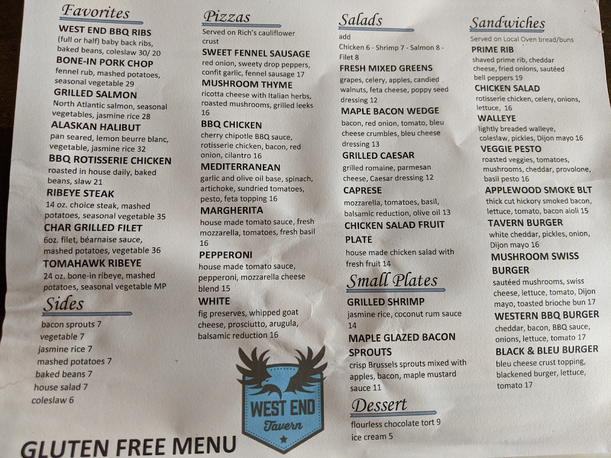 West End Tavern gluten-free menu