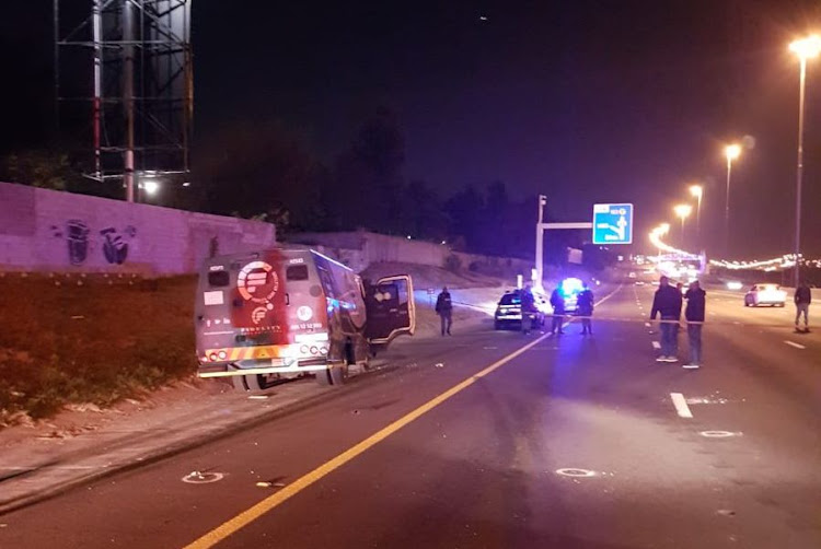 The scene of an attempted cash-in-transit heist on the N3 highway near the Malboro off-ramp in Johannesburg on May 23 2018.