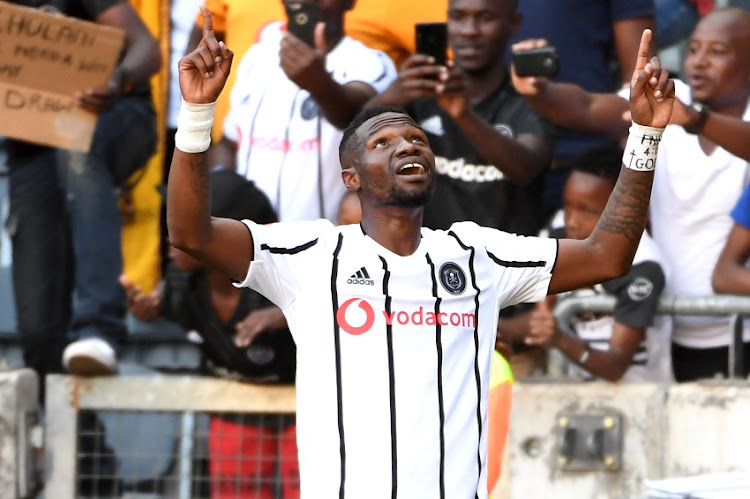 Tshegofatso Mabasa of Orlando Pirates celebrates his second goa during the Absa Premiership match between Orlando Pirates and Chippa United at Orlando Stadium on September 14, 2019 in Johannesburg, South Africa.