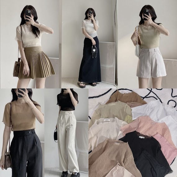 O Thun Croptop Ống + Áo Lưới Tay Ngắn Suông Trơn Đi Tiệc Đi Chơi Dạo Phố Đi Biển Đi Làm Công Sở